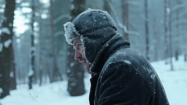 (close-up) de perfil de un hombre con gorro y abrigo, capturado en medio de un  bosque nevado
