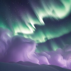 Fototapeta premium A breathtaking display of the aurora borealis illuminates the night sky with vibrant green and purple hues. Below, soft clouds create a sense of dreamlike atmosphere