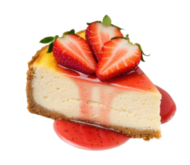Slice of cheesecake with fresh strawberries and strawberry sauce topping, isolated on transparent background.