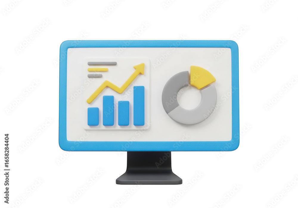 Fototapete 3d of computer screen with financial charts and graphs isolated on transparent background