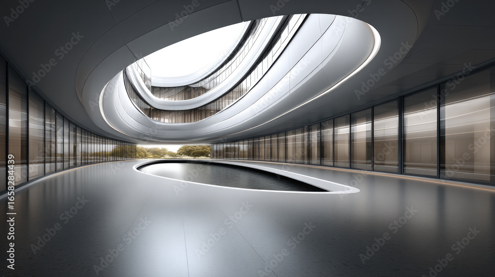 Poster futuristic architecture modern building curved glass open atrium natural light minimal design tranqu