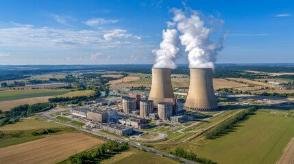 Aerial view of a large nuclear power plant with cooling towers emitting steam, surrounded by green fields and blue sky, showcasing energy production and industrial landscape