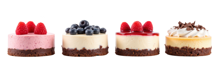 Delicious mini cheesecakes with various toppings including raspberries, blueberries, and chocolate. Perfect for dessert lovers