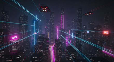 A vibrant futuristic cityscape at night, illuminated by neon lights and crisscrossed by glowing light trails, with flying vehicles navigating the sky.