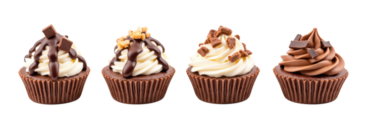 Delicious chocolate cupcakes topped with creamy frosting, drizzled with chocolate, and sprinkled with nuts. Perfect for dessert lovers