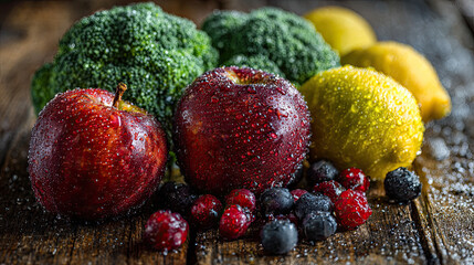 Fresh Organic Fruits and Vegetables Arranged on Wooden Table
