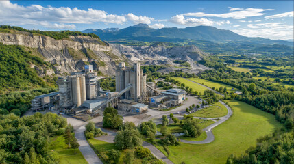 Obraz premium Industrial cement plant surrounded by lush green landscape and mountains, showcasing modern architecture and machinery in a serene natural environment with clear blue sky