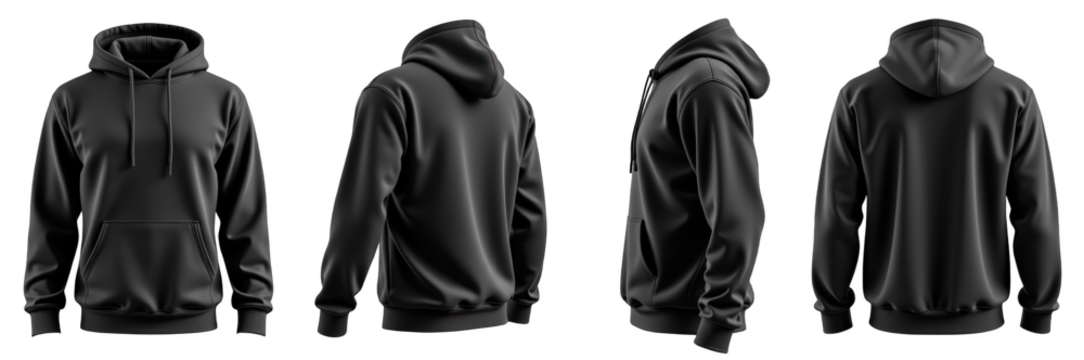 Stylish black hoodie design showcasing multiple angles, perfect for casual wear and comfort. Ideal for layering in various seasons