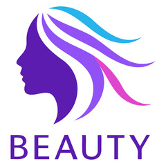 Silhouette of a woman with colorful flowing hair and the word beauty below it