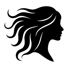 Silhouette of a woman with flowing hair in black and white vector graphic