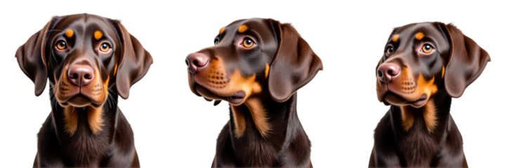 Lifelike illustrations of brown and black dog, showcasing its expressive features and unique personality. artwork captures dog attentive gaze