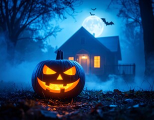 Spooky Halloween Pumpkin in Front of Haunted House.