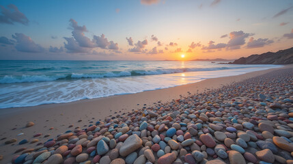 Beach strewn with colorful stones at sunrise