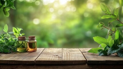 Two small bottles of herbal oil on a wooden surface, surrounded by fresh greenery.