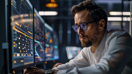 Financial Analyst Working on Complex Data on Multiple Computer Screens