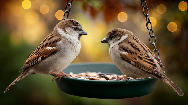 Two sparrows enjoy a meal from a bird feeder while surrounded by vibrant autumn foliage and gentle, blurred lights