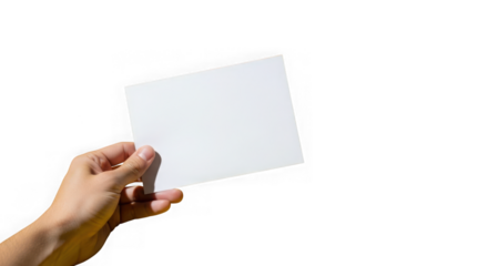 Hand holding blank white card ready for message or information displayed against dark