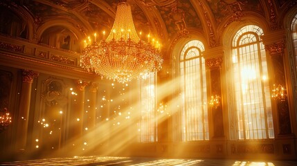Obraz premium Grand hall, golden light streams through large windows