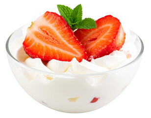 Delicious strawberry dessert topping with whipped cream and mint PNG