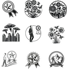 Naklejka premium Vintage circular stamps with nature and city landscape designs