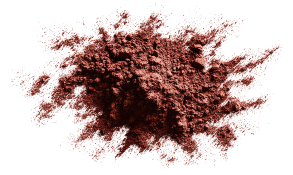 Abstract explosion of reddish-brown powder, with scattered, varied colored specks.  A textured, uneven mound in the center