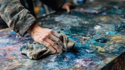 Close-up of an artist's hand wiping a paint-covered table surface with a cloth.
