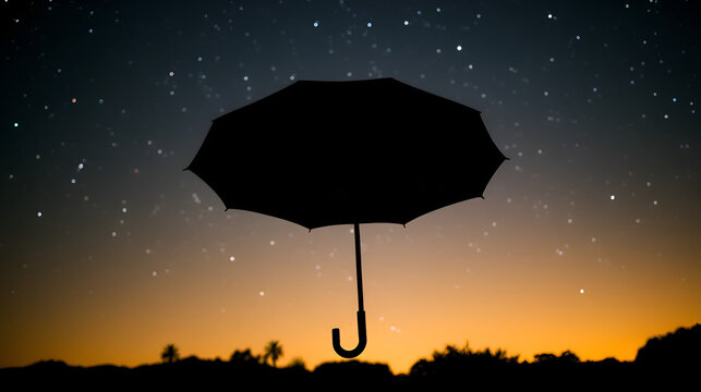 Closed umbrella silhouetted against a starry night sky with glowing backlight