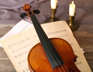 Fototapeta premium Elegant Violin Placed Beside Candle and Music Notes