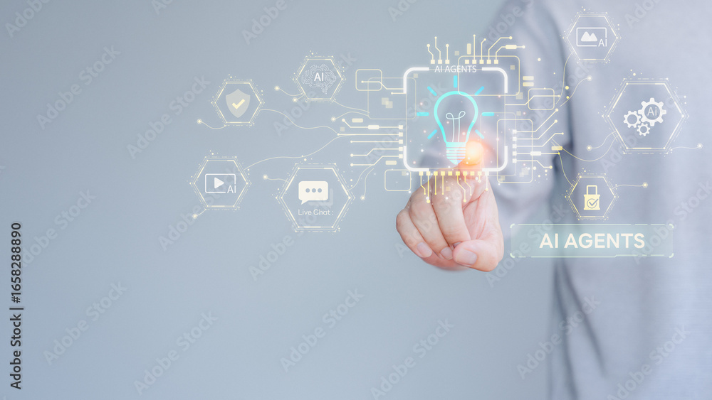 Poster person pointing virtual glowing lightbulb with ai agents icon, circuits, and digital element. concep