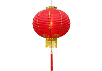 Fototapeta premium Vibrant red chinese lantern with golden accents isolated on transparent background, representing traditional celebrations and festive atmosphere