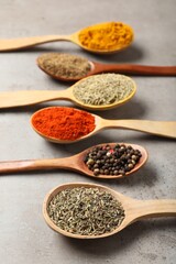 Different aromatic spices in wooden spoons on gray textured table, closeup