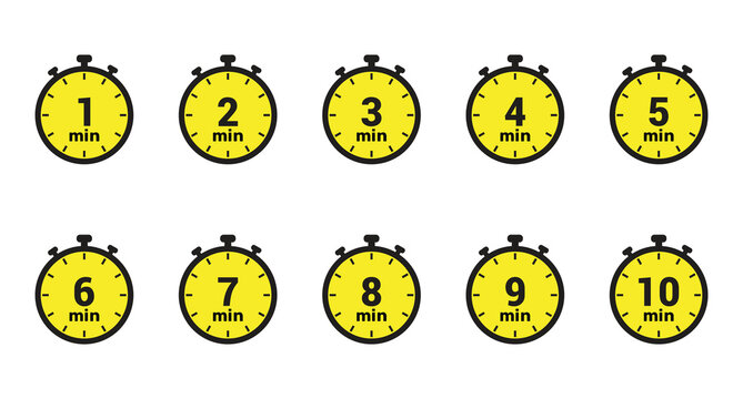 1, 2, 3, 4, 5, 6, 7, 8, 9 and 10 min clock icon vector number design illustration