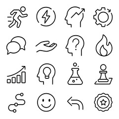 Linear business icon set featuring growth, innovation, strategy, communication, and development symbols