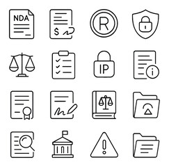 Linear legal icon set featuring nda, contract, copyright, security, and justice symbols