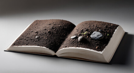Open book with soil, rocks, and small plants on pages, symbolizing growth, knowledge, and nature connection
