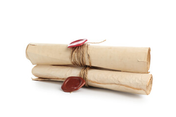 Old rolled paper scrolls isolated on white