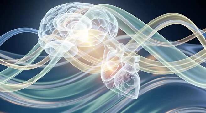 Connections between mind and heart illustrated through abstract waves of light in a tranquil setting