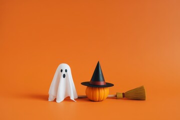A ghost and pumpkin with witch hat and broom on orange background