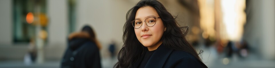 Fototapeta premium Confident young hispanic female with glasses in urban setting at sunset