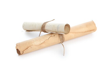Old rolled paper scrolls isolated on white
