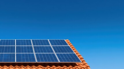 Obraz premium Sustainable energy concept. Solar panels on a roof against a clear blue sky.
