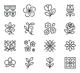 Silhouette floral icon set featuring tulip, flower, leaf, bouquet, rose, and blossom symbols
