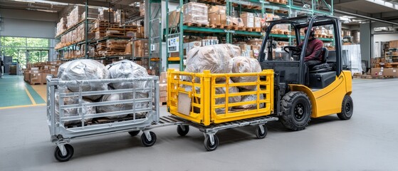Efficient parcel delivery system with roller conveyors and roll cages in a warehouse environment