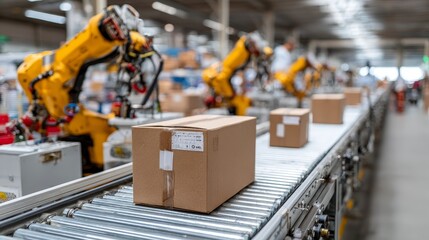 Fototapeta premium Automated roller conveyor logistics for efficient parcel delivery in high-tech warehouse environment