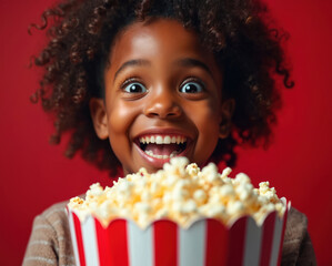 Excited young girl with curly hair holds large popcorn bucket. Smiling face, wide eyes. Ready for movie in cinema. Fun childhood entertainment, watching film snack enjoyment.