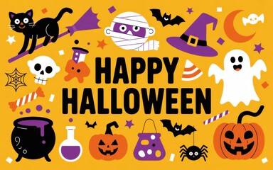 Happy halloween vector illustration with cartoon characters on yellow background