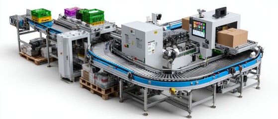 Efficient parcel delivery on roller conveyor system in logistic warehouse with barcode reader technology