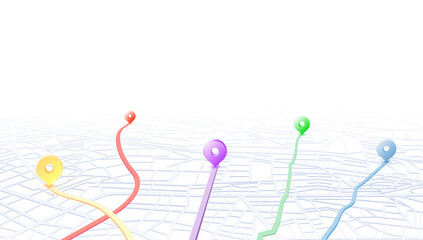 Colorful Navigation Routes on Minimalist City Map with Location Pins. Vector illustration on white background