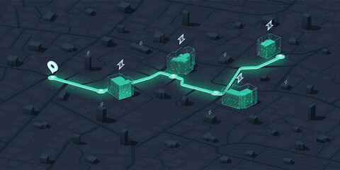Futuristic Smart City Map with Electric Vehicle Charging Station Network. Green energy, smart grid technology and the future of logistics and mobility. Vector illustration