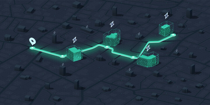 Futuristic Smart City Map with Electric Vehicle Charging Station Network. Green energy, smart grid technology and the future of logistics and mobility. Vector illustration